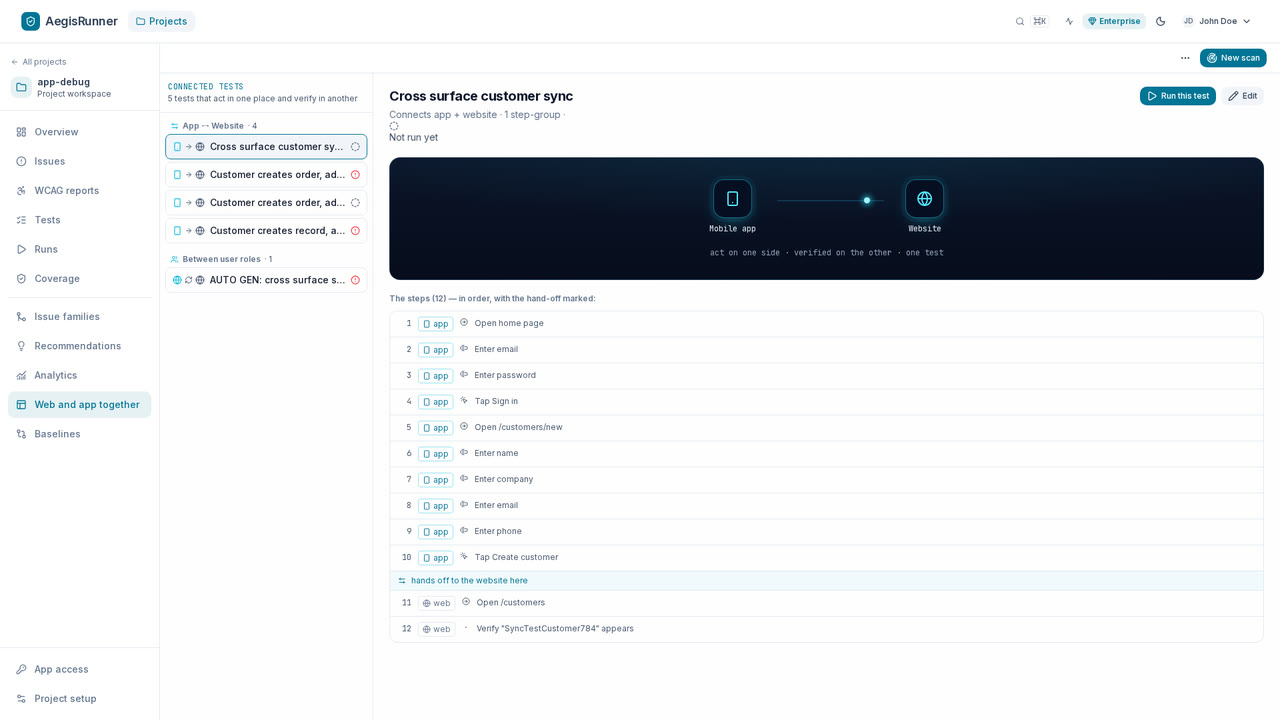 AegisRunner connected test that acts in the mobile app and verifies the result on the website