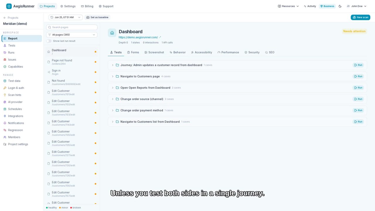 AegisRunner workspace showing cross-platform test coverage