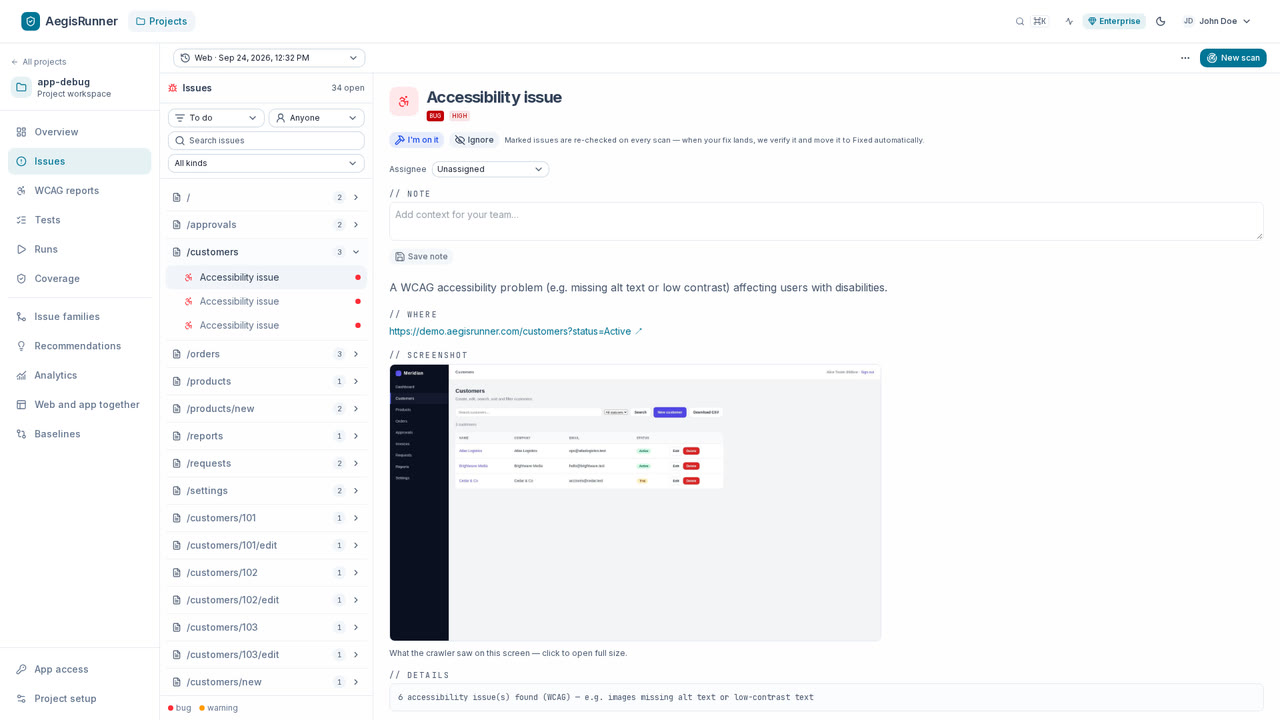 AegisRunner project workspace showing an accessibility finding with its page screenshot as evidence